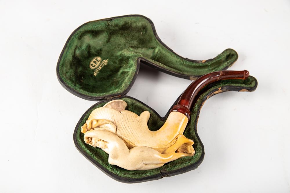 Meerschaum style Pipe with carved nude and what appears to be the original case, measures 8" L,: Meerschaum style Pipe with carved nude and what appears to be the original case, measures 8" L, shows to have repaired stem.