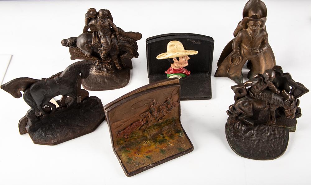 THIS LOT WILL BE SOLD 6 X THE BID, MEANING YOUR FINAL BID WILL BE MULTIPLIED 6 TIMES: Collection of: THIS LOT WILL BE SOLD 6 X THE BID, MEANING YOUR FINAL BID WILL BE MULTIPLIED 6 TIMES: Collection of six pairs of vintage cast iron Bookends all with western motif, circa 1920-1930. Depicting roping ca