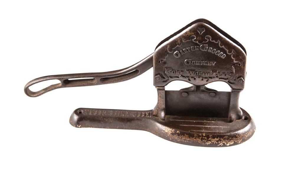 Antique cast iron Tobacco Cutter advertising "Carter Grocer Company, Ft. Worth, Texas". Nice: Antique cast iron Tobacco Cutter advertising "Carter Grocer Company, Ft. Worth, Texas". Nice original aged patina.