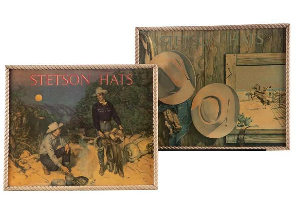 Pair of vintage Stetson Hat Advertisements, circa 1950, one is marked "Melbourne Brindle" with a: Pair of vintage Stetson Hat Advertisements, circa 1950, one is marked "Melbourne Brindle" with a seam mark at bottom left, the other one has easel back. Both have rope edged frames. WILL BE SOLD AS ON