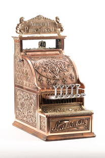 Rare antique counter top model brass National Cash Register, scarce model #211, beautiful red and: Rare antique counter top model brass National Cash Register, scarce model #211, beautiful red and yellow brass, ornate brass coin shelf, excellent condition, good working order. Complete with dust