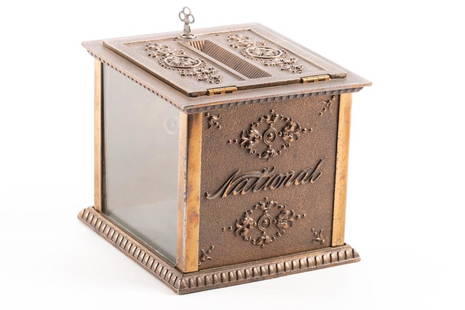 Fancy antique solid brass National Receipt Box with see through glass ends, circa 1900-1915,: Fancy antique solid brass National Receipt Box with see through glass ends, circa 1900-1915, embossed brass case measures 6 3/4" Sq x 6" T, complete with key. Nice original patina. BUDDY KING