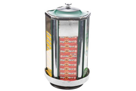 Vintage revolving tin and glass Chewing Gum Dispenser, circa 1940s, in original paint and condition,: Vintage revolving tin and glass Chewing Gum Dispenser, circa 1940s, in original paint and condition, measures 15" T, pentagon shaped. BUDDY KING COLLECTION