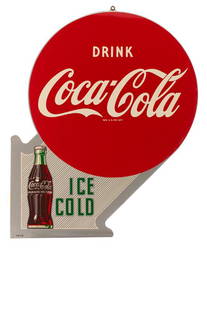 Extremely high grade vintage Coca-Cola double side flanged Sign, near pristine condition, dated: Extremely high grade vintage Coca-Cola double side flanged Sign, near pristine condition, dated 1955, measures 22 1/2" T x 17" W, Coca-Cola circle measures 16" diameter. BUDDY KING COLLECTION