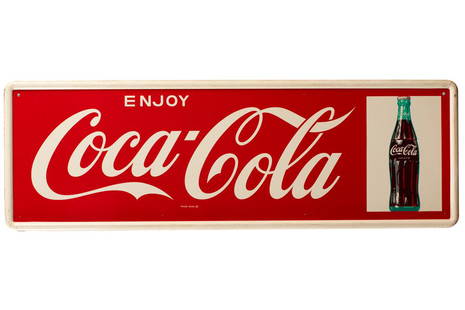 High condition vintage Coca-Cola Sign, dated 1964, with rolled edge, measures 53 1/2" L x 17 1/2" T.: High condition vintage Coca-Cola Sign, dated 1964, with rolled edge, measures 53 1/2" L x 17 1/2" T. BUDDY KING COLLECTION