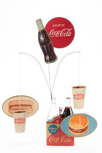 Vintage cardboard and wire Coca-Cola Mobile and double coke bottle Carrier, measures 14" W x 21" T.: Vintage cardboard and wire Coca-Cola Mobile and double coke bottle Carrier, measures 14" W x 21" T. Very good condition, good graphics showing some light fading on the carrier. BUDDY KING COLLECTION.
