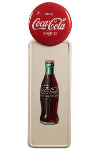 Desirable Coca-Cola Tin Advertising Sign, dated 1949, high condition, original paint, measures 54: Desirable Coca-Cola Tin Advertising Sign, dated 1949, high condition, original paint, measures 54 1/4" T x 16" W with rolled edge, actual bottle cap measures 16" in diameter. There is some chipping