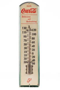 Scarce vintage wooden Coca-Cola Advertising Thermometer, 21" L x 5" W, marked "T.B. Thermometer Co.,: Scarce vintage wooden Coca-Cola Advertising Thermometer, 21" L x 5" W, marked "T.B. Thermometer Co., Rochester, N.Y. / 5c", retains 75% original paint with some thinning around edges. BUDDY KING