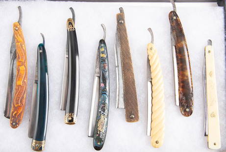 THIS LOT WILL BE SOLD 8 TIMES THE FINAL BID, MEANING YOUR FINAL BID WILL BE MULTIPLIED 8 TIMES. A: THIS LOT WILL BE SOLD 8 TIMES THE FINAL BID, MEANING YOUR FINAL BID WILL BE MULTIPLIED 8 TIMES. A collection of 8 vintage Straight Razors: Some with embossed celluloid handles, some smooth handles