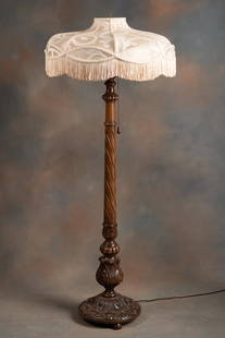 Vintage carved wooden Floor Lamp, circa 1920-1930s, with elaborate 27" handmade silk shade with: Vintage carved wooden Floor Lamp, circa 1920-1930s, with elaborate 27" handmade silk shade with fringe, lamp measures 26" T x 15" diameter base that is heavily carved.
