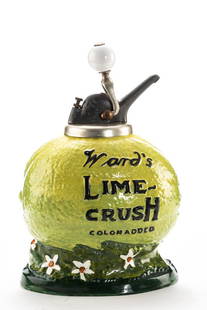 ATTENTION COLLECTORS OF VINTAGE SODA FOUNTAIN SYRUP DISPENSERS, CIRCA 1880S-1890S: Scarce vintage: ATTENTION COLLECTORS OF VINTAGE SODA FOUNTAIN SYRUP DISPENSERS, CIRCA 1880S-1890S: Scarce vintage marked "Ward's Lime Crush Color Added" Syrup Dispenser, measures 14" T overall to top of pump x 9"