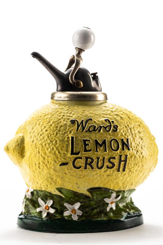 Vintage marked "Ward's Lemon Crush" Syrup Dispenser, measures 14" T overall to top of pump x 11": Vintage marked "Ward's Lemon Crush" Syrup Dispenser, measures 14" T overall to top of pump x 11" diameter. Good paint and condition. BUDDY KING COLLECTION