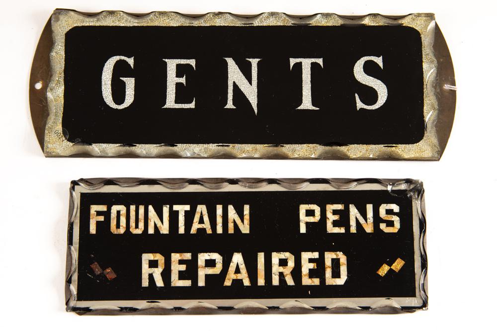 Two vintage Chipped Glass Signs, reverse painted, one advertising "Fountain Pens Repaired", 7" W x 2: Two vintage Chipped Glass Signs, reverse painted, one advertising "Fountain Pens Repaired", 7" W x 2 3/4" T. The other advertising "Gents" measures 8" W x 3" T. WILL BE SOLD AS ONE LOT. BUDDY KING COL