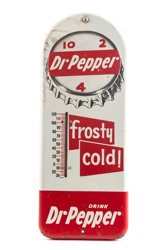 Vintage Tin Dr. Pepper Thermometer in original paint with some light thinning at top left side,: Vintage Tin Dr. Pepper Thermometer in original paint with some light thinning at top left side, measures 6 1/2" W x 16" T. BUDDY KING COLLECTION