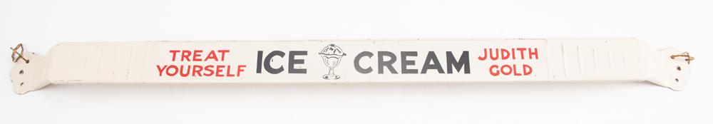 Vintage Tin Door Push marked "Novelty Mfg. Co. Newton, Iowa", advertising "Treat Yourself / Ice: Vintage Tin Door Push marked "Novelty Mfg. Co. Newton, Iowa", advertising "Treat Yourself / Ice Cream / Judith Gold", marked on back "Thanks Come Again", measures 2 1/4" W x 35 1/2" L. BUDDY KING COLL