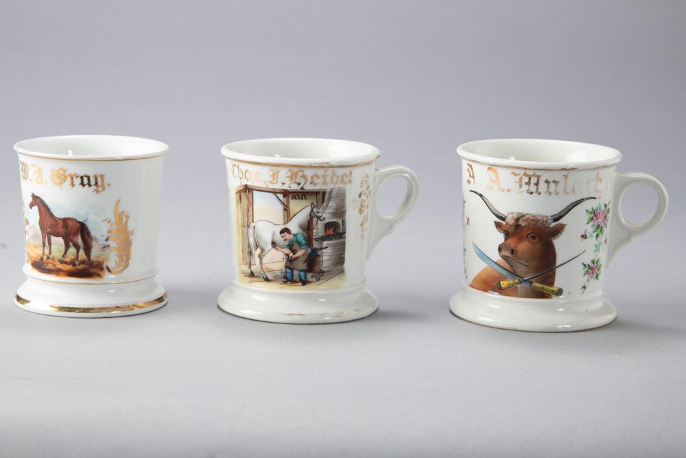 THIS LOT WILL BE SOLD 3 TIMES YOUR BID, MEANING YOUR FINAL BID WILL BE MULTIPLIED BY THREE: This lot: THIS LOT WILL BE SOLD 3 TIMES YOUR BID, MEANING YOUR FINAL BID WILL BE MULTIPLIED BY THREE: This lot consists of three vintage China Occupational Shaving Mugs to include: (1) A Butcher Shop Mug for A.