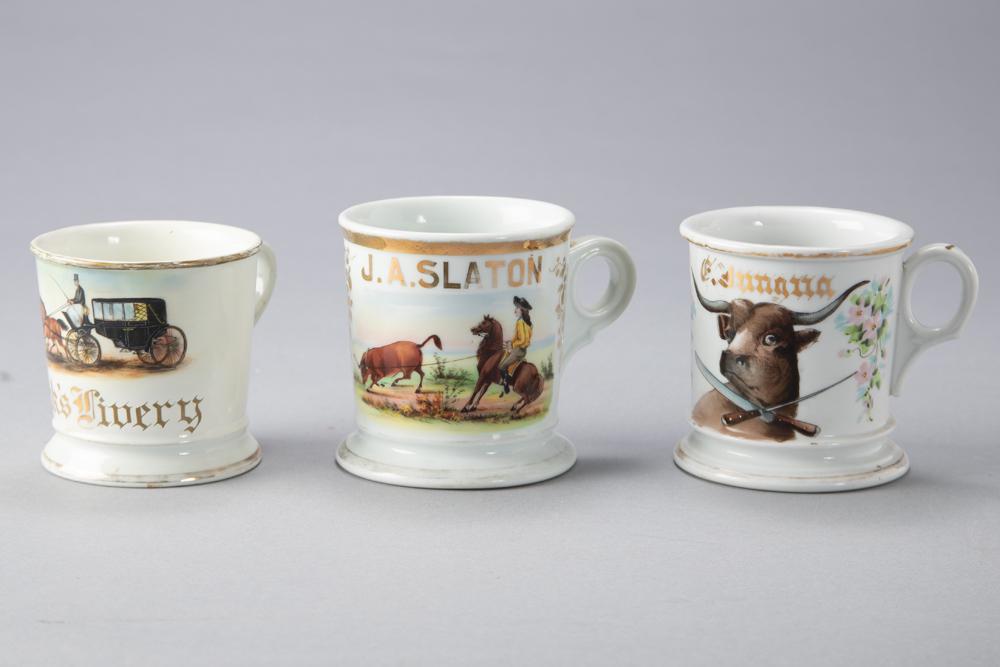 THIS LOT WILL BE SOLD 3 TIMES YOUR BID, MEANING YOUR FINAL BID WILL BE MULTIPLIED BY THREE: This: THIS LOT WILL BE SOLD 3 TIMES YOUR BID, MEANING YOUR FINAL BID WILL BE MULTIPLIED BY THREE: This lot consists of three China Occupational Shaving Mugs to include: (1) A Butcher Mug for C. Jungua, meas