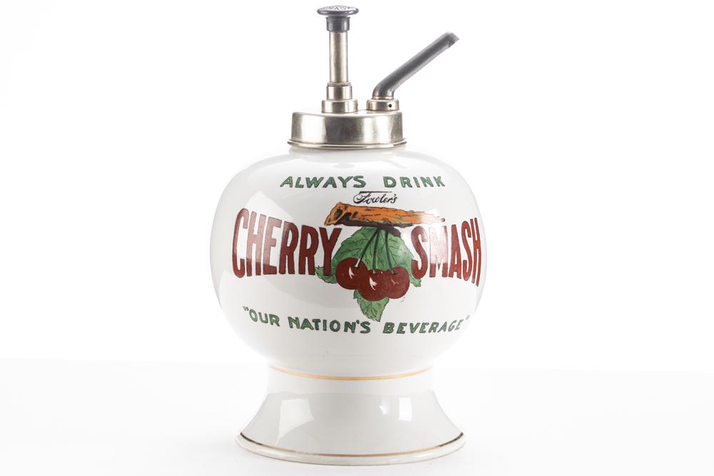 Antique Syrup Dispenser marked "Cherry Smash" excellent condition, 15" T to top of pump x 10": Antique Syrup Dispenser marked "Cherry Smash" excellent condition, 15" T to top of pump x 10" diameter. Pump is marked "Cherry Smash". BUDDY KING COLLECTION