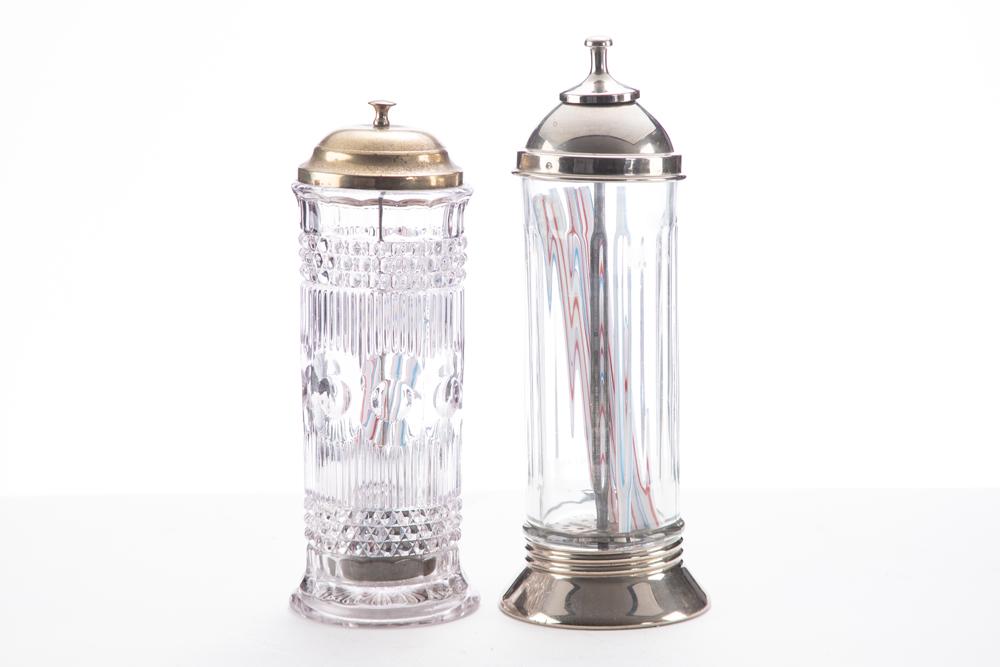 THIS LOT WILL BE SOLD 2 TIMES YOUR BID, MEANING YOUR FINAL BID WILL BE MULTIPLIED BY TWO: Two: THIS LOT WILL BE SOLD 2 TIMES YOUR BID, MEANING YOUR FINAL BID WILL BE MULTIPLIED BY TWO: Two vintage brass Straw Holders, one is heavily embossed pressed glass, 11 1/4" T x 4 1/4" diameter, complete