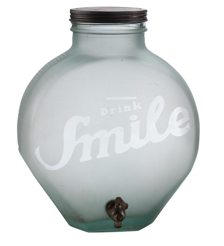 Large frosted glass Juice Jar with brass Spigot, etched on front "Drink Smile", with original metal: Large frosted glass Juice Jar with brass Spigot, etched on front "Drink Smile", with original metal lid, 15" T x 12" W, good condition. BUDDY KING COLLECTION