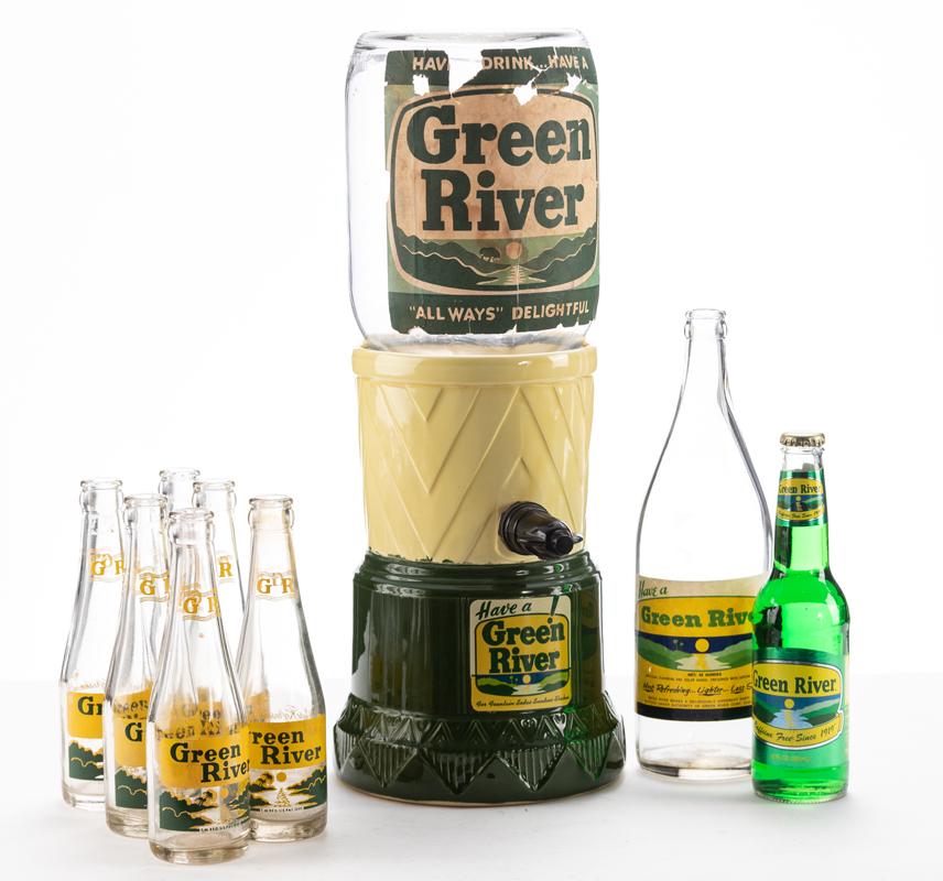 Vintage two-piece Green River Advertising ceramic and glass Drink Dispenser, excellent condition,: Vintage two-piece Green River Advertising ceramic and glass Drink Dispenser, excellent condition, measures 6 1/2" diameter x 18 1/2" T. Drink Dispenser will be accompanied by 8 "Green River" marked gl