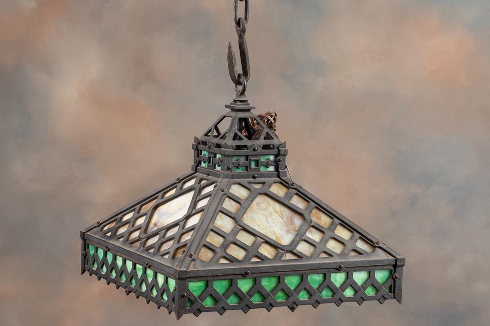 Vintage stained glass Soda Fountain Hanging Light Fixture with metal frame, caramel color with green: Vintage stained glass Soda Fountain Hanging Light Fixture with metal frame, caramel color with green border, circa 1920s, fixture measures 16 1/4" Sq. x 16" T, with original heavy chain hanger. BUDDY 