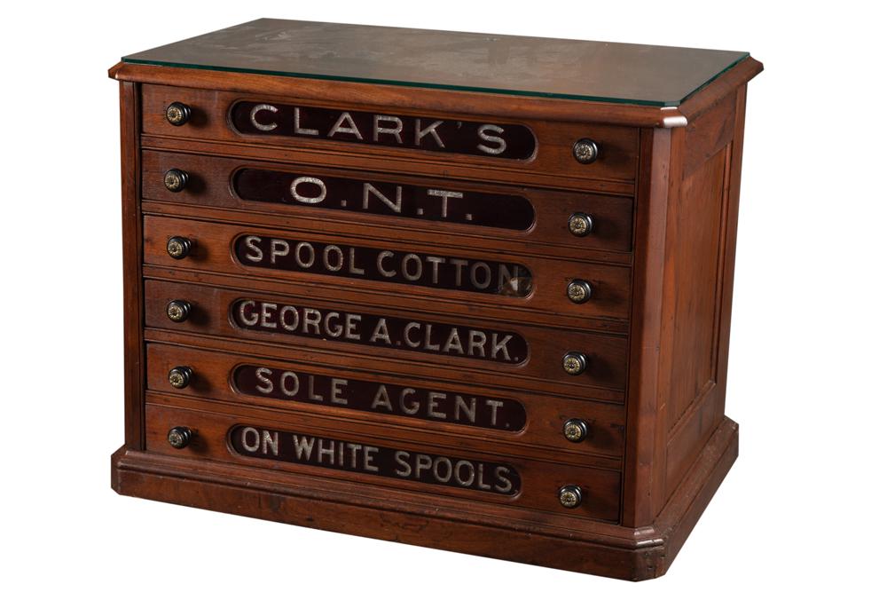Antique walnut case, six drawer Clark's ONT Spool Cabinet in excellent condition, very desirable: Antique walnut case, six drawer Clark's ONT Spool Cabinet in excellent condition, very desirable model with etched ruby red windows and original brass fluted knobs (handles), circa 1890, custom plate