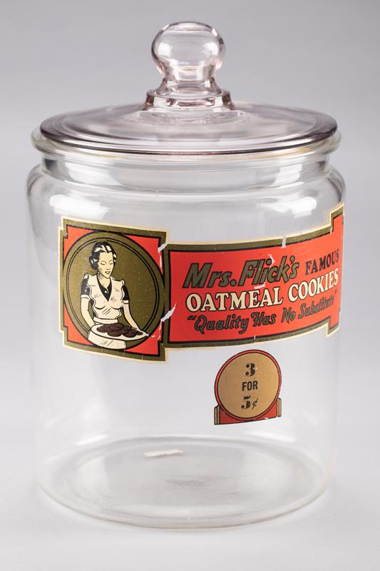Vintage glass Cookie Jar with original paper label that reads "Mrs