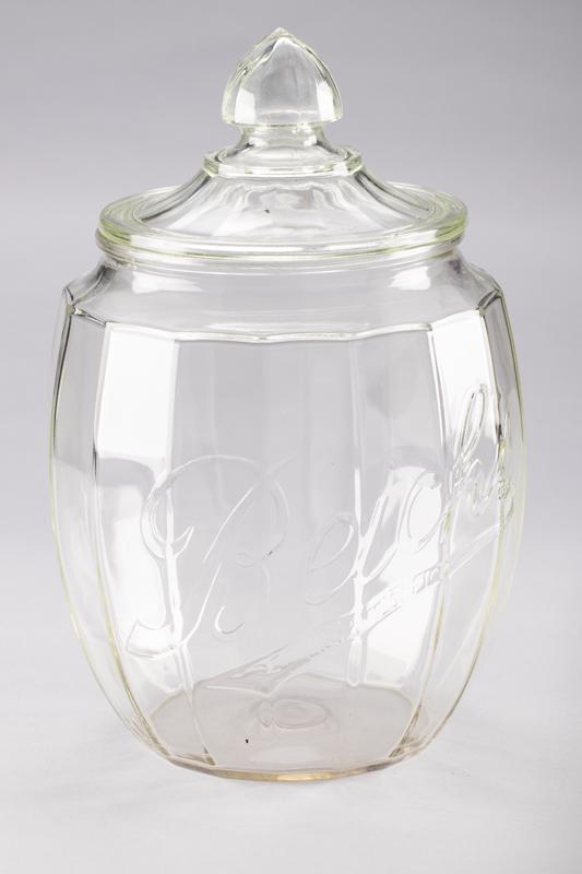 Vintage glass advertising Cookie Jar with embossed letters "Beich's", very good condition , 14" T x: Vintage glass advertising Cookie Jar with embossed letters "Beich's", very good condition , 14" T x 8 1/2" diameter. BUDDY KING COLLECTION