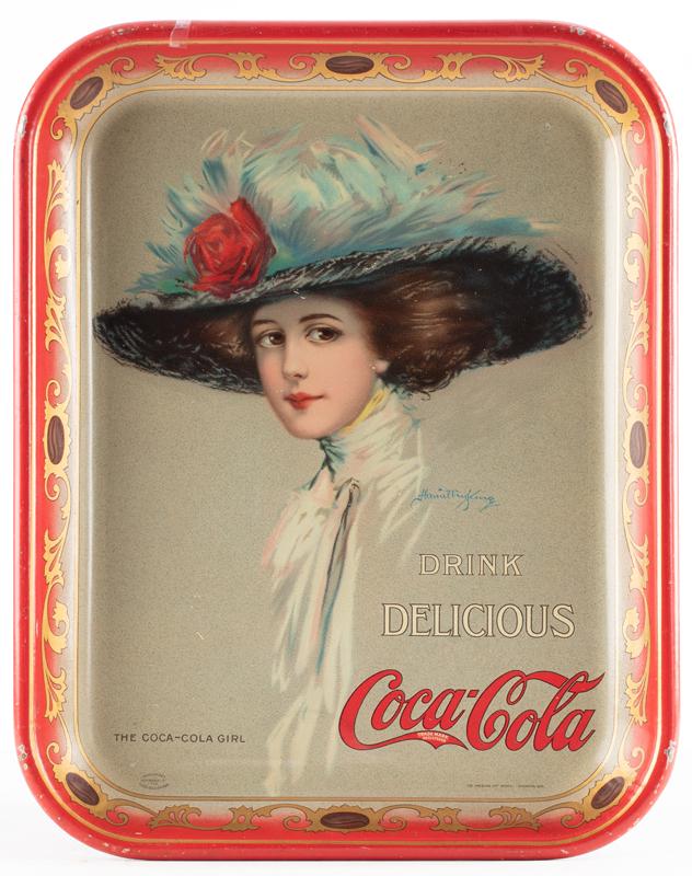A Coca-Cola Metal Tray made by American Art Works Inc., Coshocton, O., marked lower left "Copyright: A Coca-Cola Metal Tray made by American Art Works Inc., Coshocton, O., marked lower left "Copyright Coca-Cola Company 1909", in high condition, original paint. measures 10 1/2" x 13 1/4", some paint c