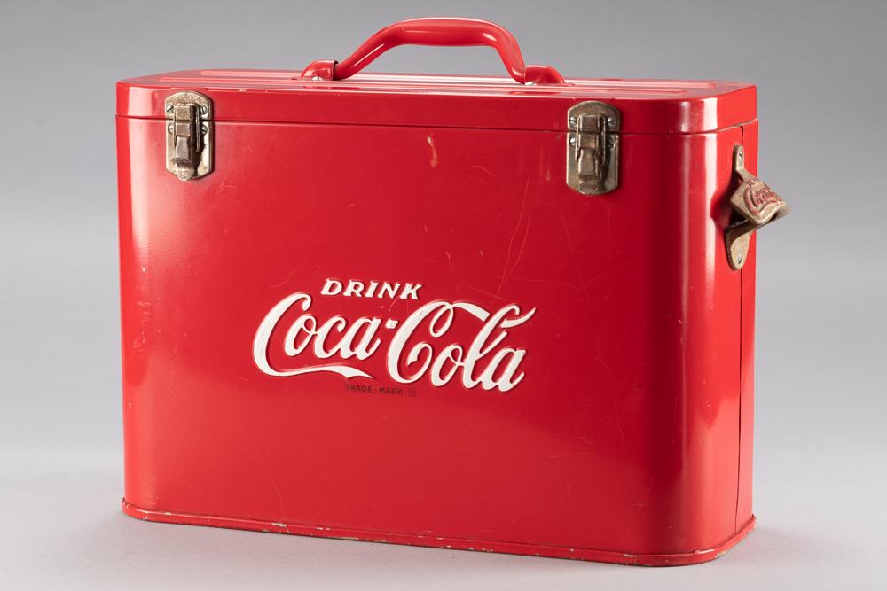 Vintage metal Coca-Cola Cooler with raised letters on both sides, bottle opener on side, excellent: Vintage metal Coca-Cola Cooler with raised letters on both sides, bottle opener on side, excellent condition, measures 12" T x 6 1/4" W x 17" L. BUDDY KING COLLECTION