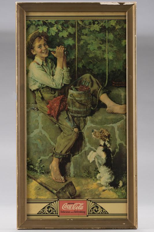 Vintage framed Paper Advertisement for Coca-Cola by Norman Rockwell, Lithograph has excellent color: Vintage framed Paper Advertisement for Coca-Cola by Norman Rockwell, Lithograph has excellent color and condition, appears to be in original frame that has light edge loss, measures 11 1/4" x 21". BUD