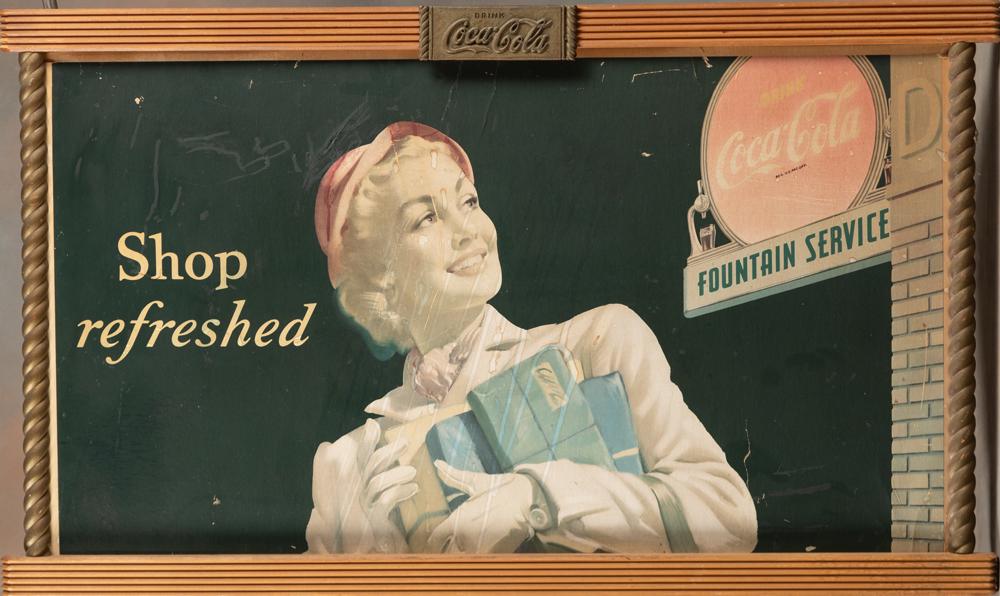 Vintage self-framed cardboard Sign advertising "Coca-Cola Fountain Service", in original Coca-Cola: Vintage self-framed cardboard Sign advertising "Coca-Cola Fountain Service", in original Coca-Cola frame, shows some fading and some light scratches and water marks, measures 26 1/4" T x 44" L. Marked