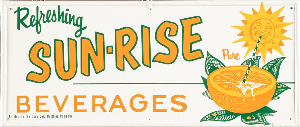 Near pristine tin Advertising Sign for "Sun-Rise Beverages", great graphics high condition, marked: Near pristine tin Advertising Sign for "Sun-Rise Beverages", great graphics high condition, marked lower left "Bottled by the Coca-Cola Bottling Company", 12" T x 27 1/2" W. BUDDY KING COLLECTION