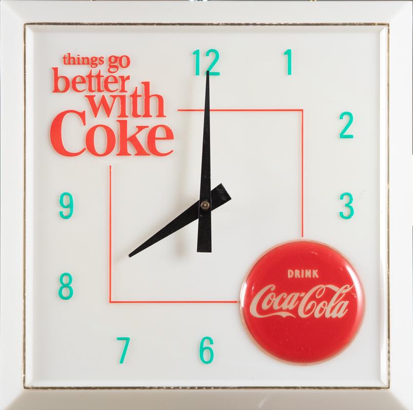 Vintage square plastic electric Advertising Clock for "Drink Coca-Cola" with button, in raised: Vintage square plastic electric Advertising Clock for "Drink Coca-Cola" with button, in raised letters, measures 16" x 16". BUDDY KING COLLECTION
