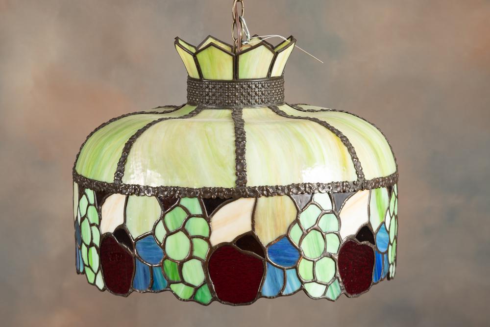Bent glass, stained glass Soda Fountain Hanging Light Fixture, in excellent condition with one or: Bent glass, stained glass Soda Fountain Hanging Light Fixture, in excellent condition with one or two age heat cracks which is typical for these shades. Fixture measures 15" T x 20" diameter. Shows fr
