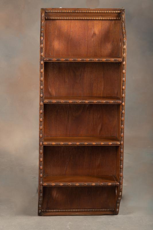 Fancy antique carved Wall Shelf with fancy moldings, four shelves 5 1/4" D, nice finish and: Fancy antique carved Wall Shelf with fancy moldings, four shelves 5 1/4" D, nice finish and condition. Wall shelf measure 15" W x 36 1/2" T. Would make a great spur display shelf.