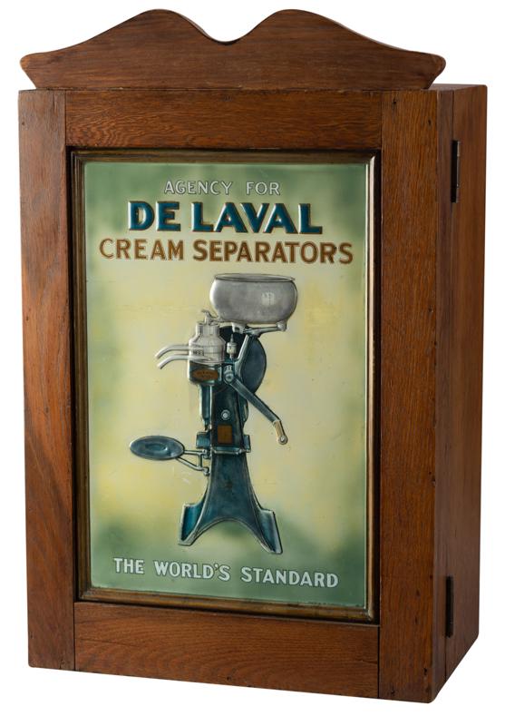 Antique oak case Cabinet advertising "DE-LAVAL Cream Separators / The World's Standard" with vintage: Antique oak case Cabinet advertising "DE-LAVAL Cream Separators / The World's Standard" with vintage Tin Sign on door that has raised letters and is in high condition, divided area inside. Included wi