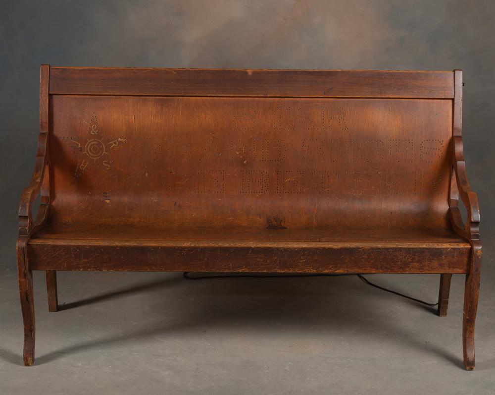 Vintage wooden Advertising Bench for "Star Brand Shoes", Pierced wording on back of Bench is: Vintage wooden Advertising Bench for "Star Brand Shoes", Pierced wording on back of Bench is back-lit, original finish, 36" T x 60" L. BUDDY KING COLLECTION