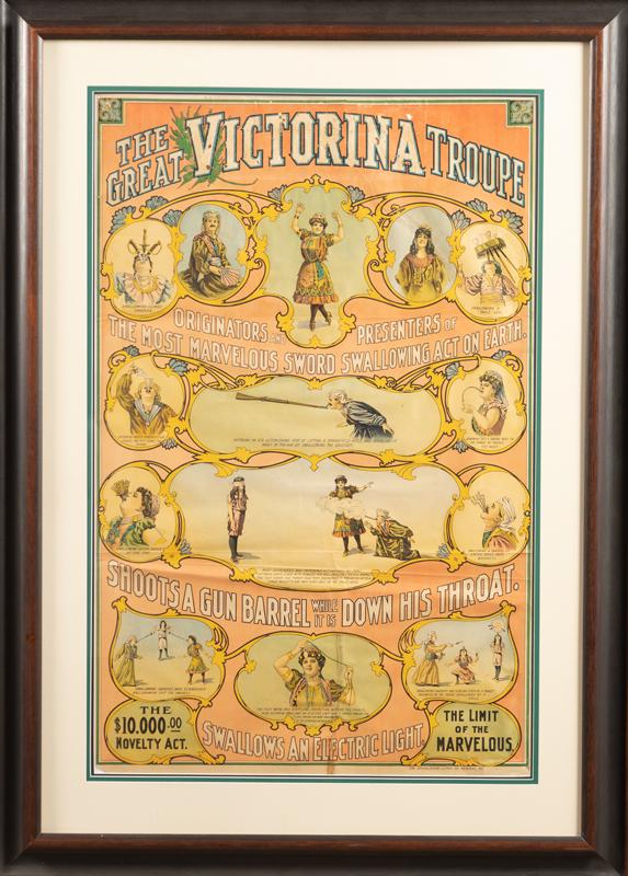 Large unique vintage framed Circus Lithograph advertising "The Great Victorina Troupe The Most: Large unique vintage framed Circus Lithograph advertising "The Great Victorina Troupe The Most Marvelous Sword Swallowing Act on Earth", marked lower right "The Donaldson-Litho. Co. Newport, Ky." Show