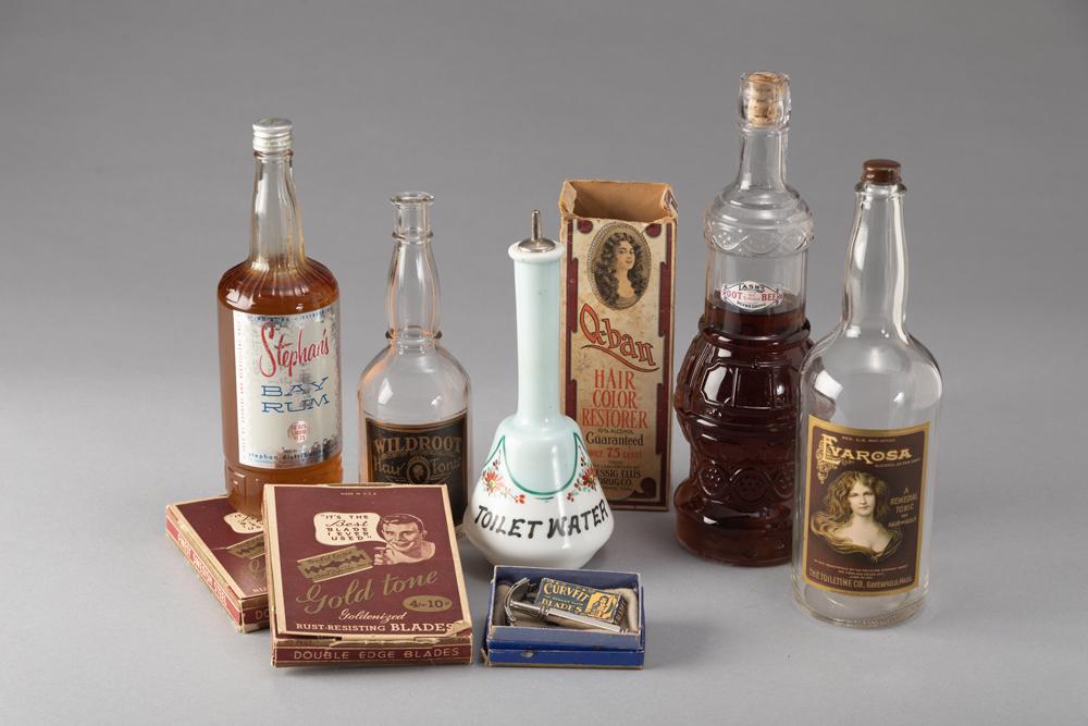 Collection of nine (9) vintage Items to include Advertising Barber Shop Bottles and Razors: (1) Hand: Collection of nine (9) vintage Items to include Advertising Barber Shop Bottles and Razors: (1) Hand painted pale blue & white Bottle with floral decor and lid, 9" T; (2) Stephan's Bay Rum Bottle with