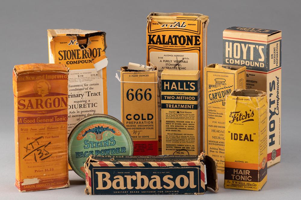Collection of ten (10) vintage Items to include Drug Store items , Hair Tonics and Face Powder: (1): Collection of ten (10) vintage Items to include Drug Store items , Hair Tonics and Face Powder: (1) A Bottle of "Fitch's Ideal Hair Tonic" with paper label in its original box that is fragile, measure