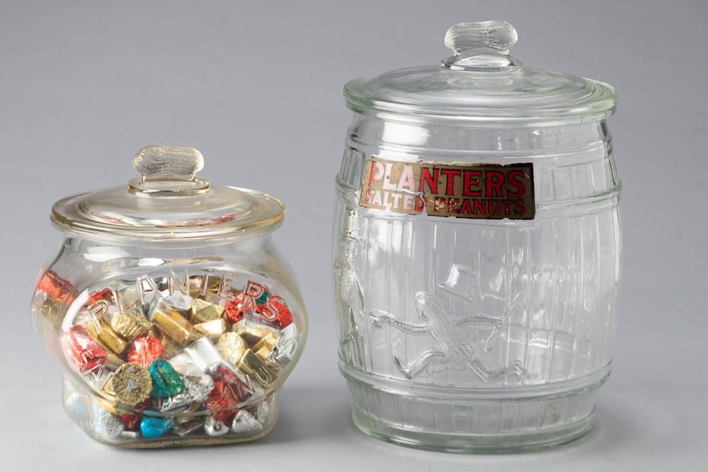 THIS LOT WILL BE SOLD 2 TIMES YOUR BID, MEANING YOUR FINAL BID WILL BE MULTIPLIED BY 2: Two: THIS LOT WILL BE SOLD 2 TIMES YOUR BID, MEANING YOUR FINAL BID WILL BE MULTIPLIED BY 2: Two Planter's Advertising Jars: (1) Vintage Planter's Peanut Jar with embossed peanut character on front and muc