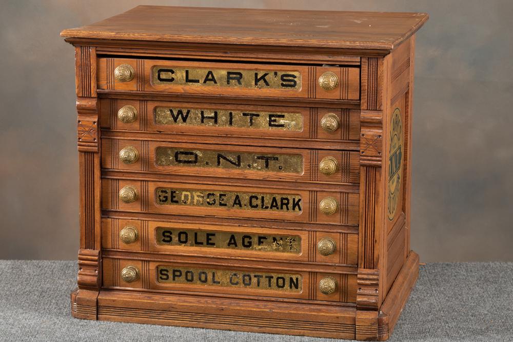 Antique oak case six drawer Clark's O.N.T. Spool Cabinet, circa turn of the century, very good: Antique oak case six drawer Clark's O.N.T. Spool Cabinet, circa turn of the century, very good condition with original glass windows and original brass hardware. Good finish and condition, measures 25