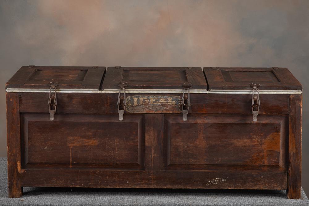 Antique oak case three door Food Warmer with original paper label on front marked "Ideal".: Antique oak case three door Food Warmer with original paper label on front marked "Ideal". Galvanized tin interior. Oak case has raised panels at top, bottom and both ends, measures 40" L x 15" D x 16