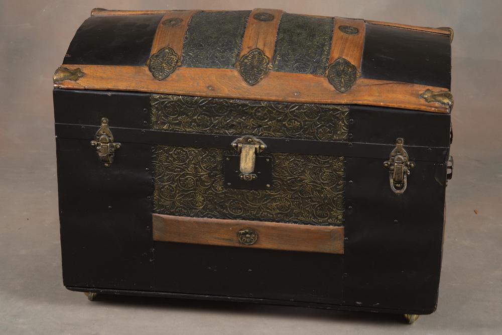 Small Antique Dome Top Trunk, circa 1890-1900, embossed metal cover with wood trim, very good: Small Antique Dome Top Trunk, circa 1890-1900, embossed metal cover with wood trim, very good condition with the exception of one missing leather handle, measures 16" T x 26" W x 14" D.