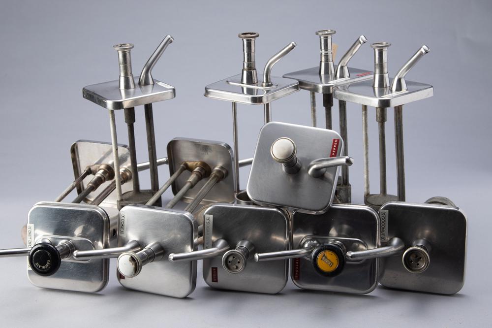 Collection of 12 nickel over brass Soda Fountain Syrup Dispenser Pumps. Pumps appear to be in: Collection of 12 nickel over brass Soda Fountain Syrup Dispenser Pumps. Pumps appear to be in working order, however they will be sold AS-IS, WHERE IS. Made to be inserted in a 5"x 5" opening. WILL BE