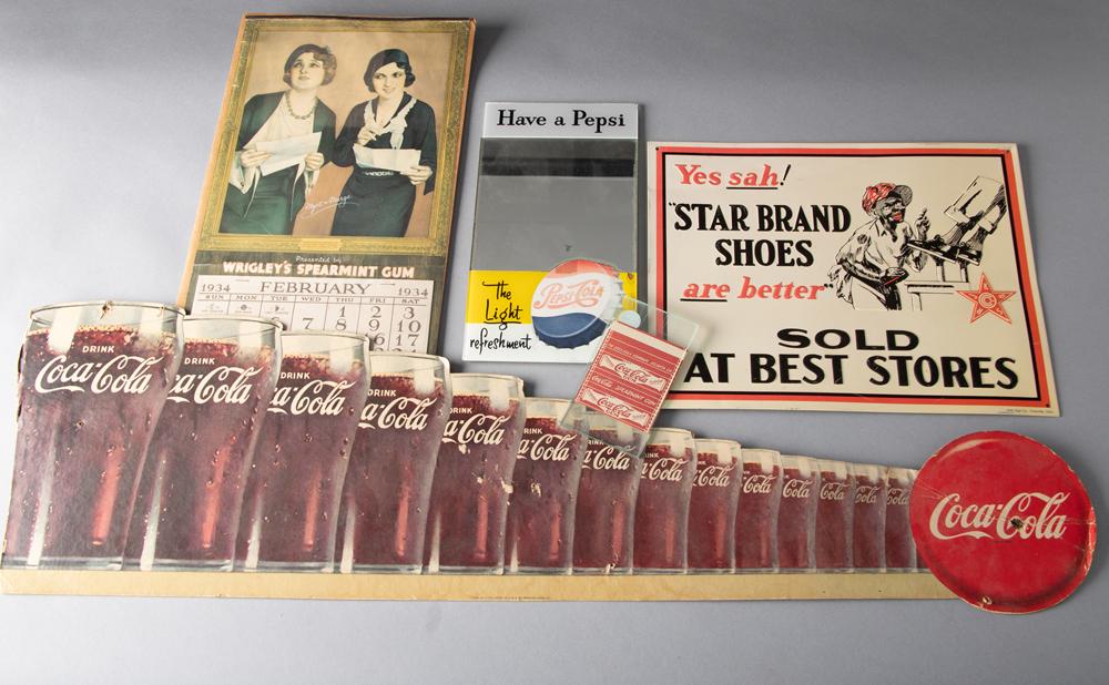 This Tray Lot consists of the following Advertising items: A Cardboard Coca-Cola Advertising Sign,: This Tray Lot consists of the following Advertising items: A Cardboard Coca-Cola Advertising Sign, with some rubs in paper and a bend in the Coca-Cola Button, some damage around nail holes; A 1934 Wri