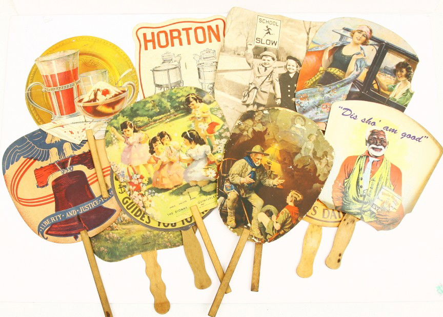 Collection of 12 vintage cardboard hand fans, most: Collection of 12 vintage cardboard hand fans, most are advertizing. Sold as one lot.