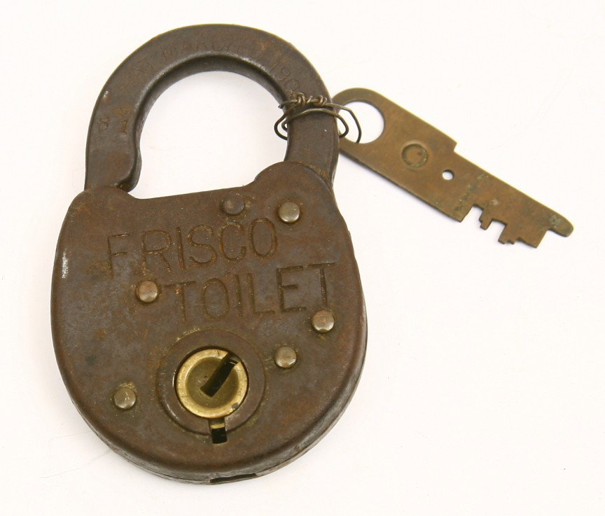 2 Vintage railroad marked toilet locks, one is mar: 2 Vintage railroad marked toilet locks, one is marked FRISCO and the other one IGNRR. Women's Toilet, both w/ keys. Sold 2 x bid